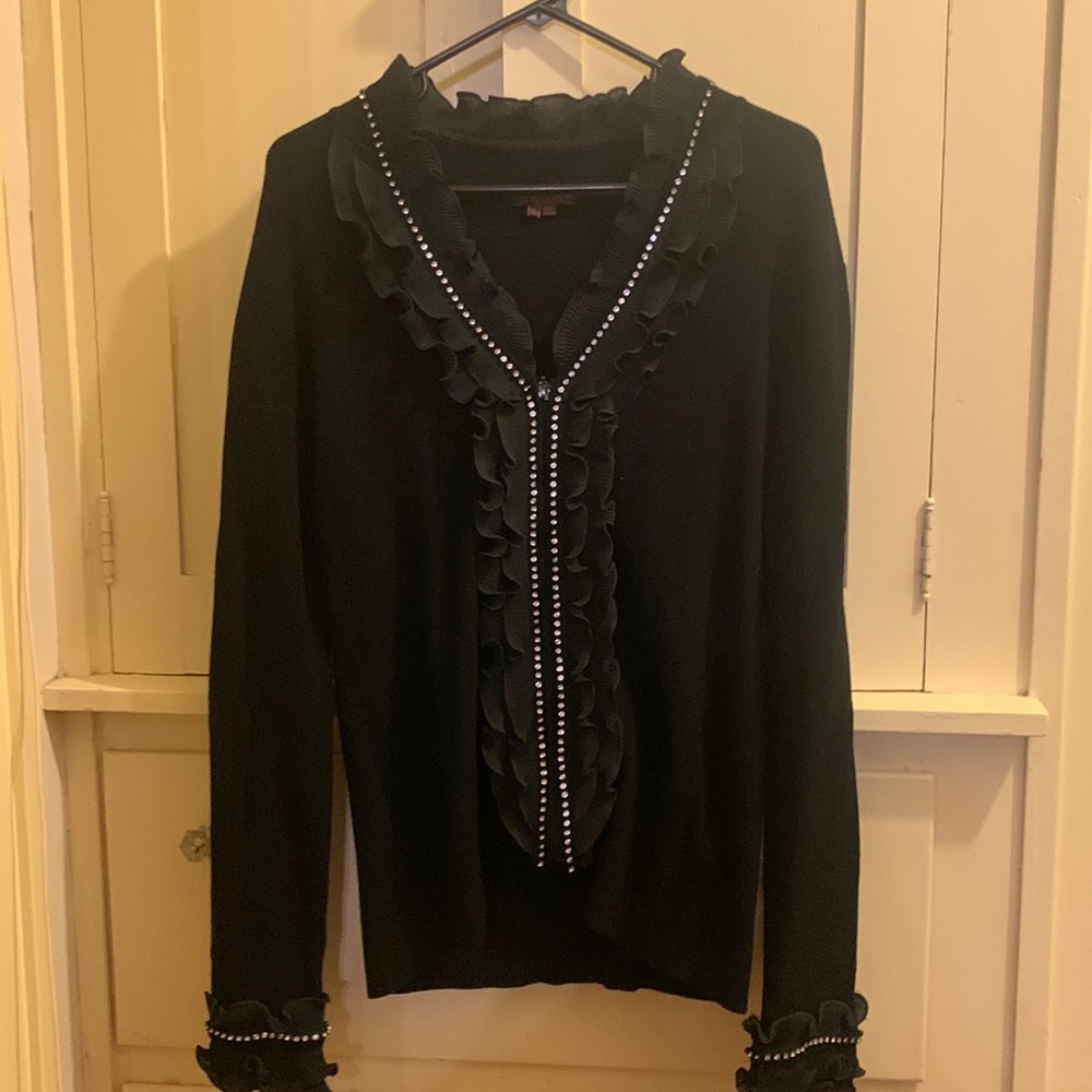 Fontana Black Zip Down Sweater w/ Sequins Size XL
